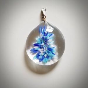 Clear Glass and Blue Floral Necklace